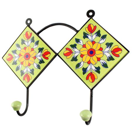 Sunflower Ceramic Tile Hook in Pea Green